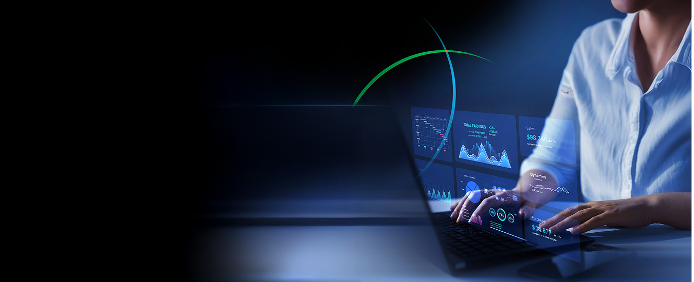 banner showing a business professional typing on a laptop keyboard while looking at multiple analytics dashboards