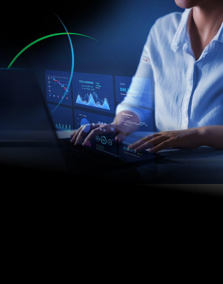 banner showing a business professional typing on a laptop keyboard while looking at multiple analytics dashboards