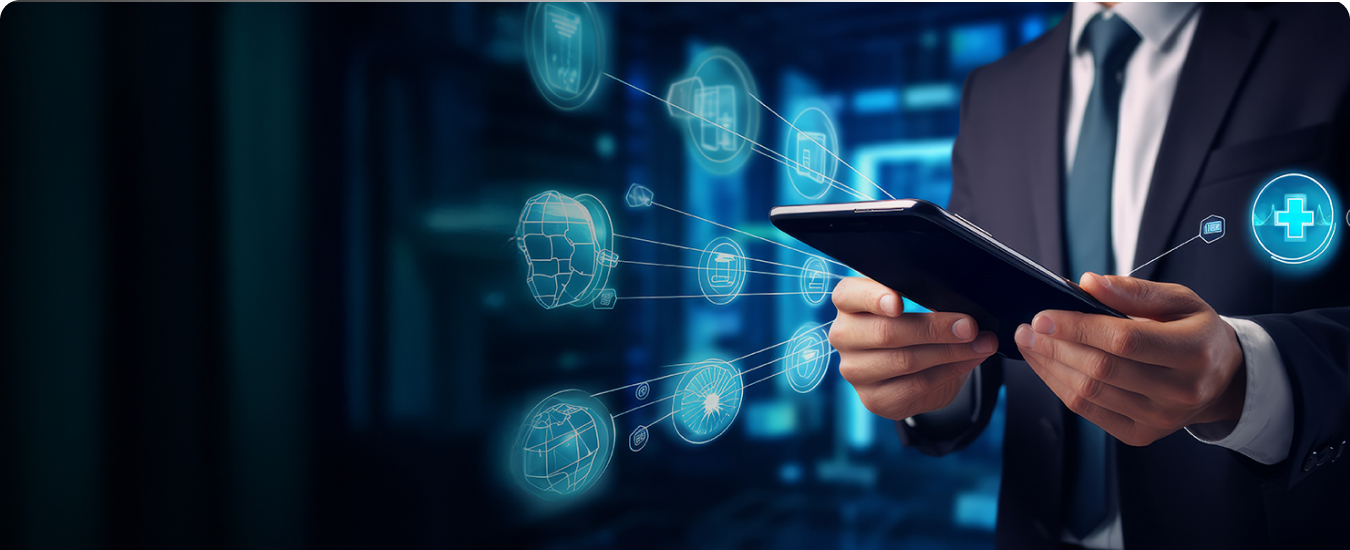 banner showing a man holding a tablet connected to abstract visual elements depicting data and analytics