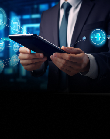 banner showing a man holding a tablet connected to abstract visual elements depicting data and analytics