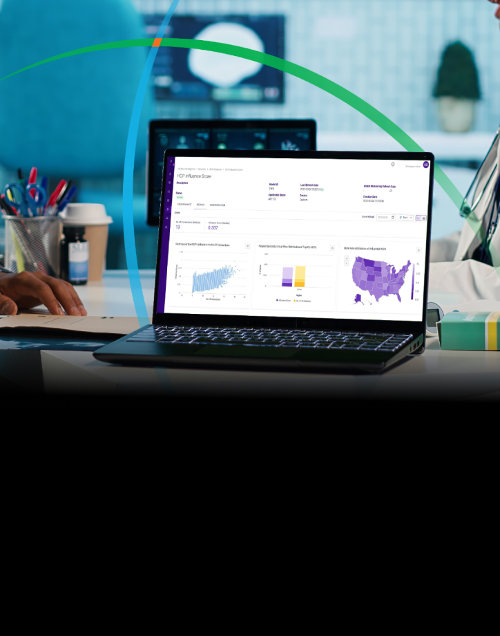 banner showing a doctor having a discussion with her patient while a laptop screen displays an analytics dashboard