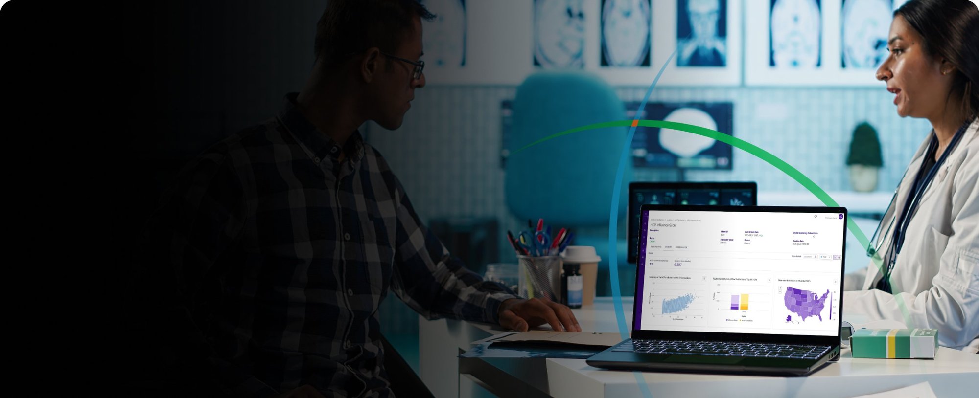 banner showing a doctor having a discussion with her patient while a laptop screen displays an analytics dashboard