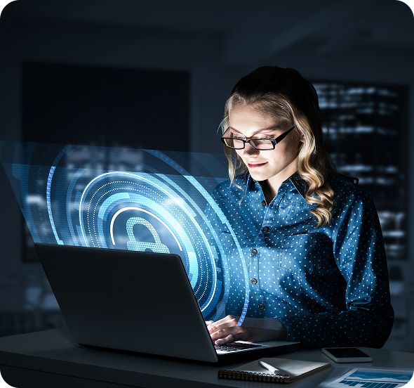 a woman working on a laptop surrounded by an abstract depiction of a lock