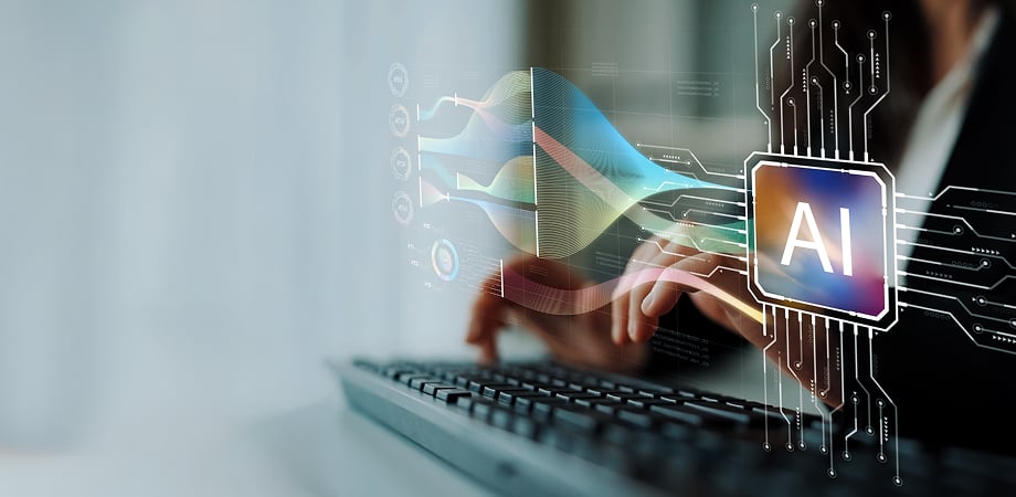 hands typing on a keyboard surrounded by abstract elements depicting AI and data streams
