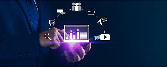 a business professional interacting with a mobile device while the foreground shows an abstract depiction of analytics-driven insights
