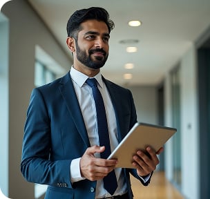business executive holding a tablet device 