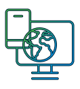 line art showing a computer screen and a mobile device displaying a world map