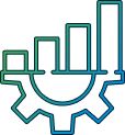 line art showing a bar graph placed on top of a cogwheel
