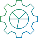 line art showing a pie chart inside a cogwheel