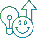 line art showing a smiling face beside a light bulb and an upward pointing arrow