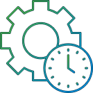 line art showing a cogwheel and a clock face