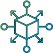 line art showing a cube connected to arrows and nodes
