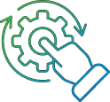 line art showing a hand pointing at a rotating cogwheel