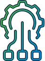 line art showing a cogwheel connected to three square nodes