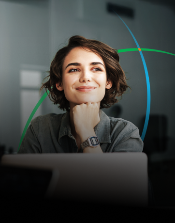 banner showing a woman with a thoughtful expression sitting in front of a laptop