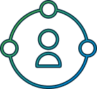 line art showing a person inside a circular boundary featuring three connected nodes