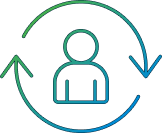 line art showing a person surrounded by two curved arrows forming a circle