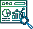 line art showing an analytics dashboard and a magnifying glass