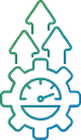 line art showing a cogwheel with a clock face below three upward pointing arrows