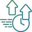 line art showing a clock and two upward pointing arrows