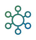line art showing a central circle connected to smaller circular nodes