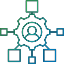 line art showing multiple blocks connected to a cogwheel