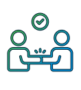 line art showing a check mark and two people shaking hands