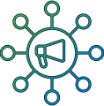 line art showing a loudspeaker surrounded by connected nodes