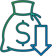line art showing a bag with a dollar sign beside a downward pointing arrow