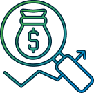 line art showing a graph and a dollar sign being viewed through a magnifying glass