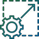line art depicting a cogwheel and an upward pointing arrow inside a square boundary