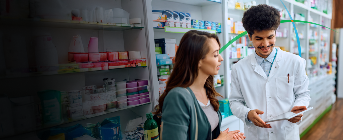 banner showing a pharma professional and a customer having a conversation while looking at a tablet screen