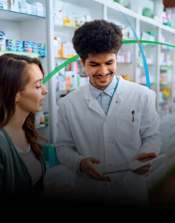 banner showing a pharma professional and a customer having a conversation while looking at a tablet screen