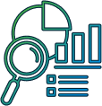 line art showing graphs being viewed through a magnifying glass