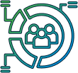 line art showing a group of people surrounded by data visualization elements