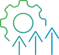 line art showing a cogwheel and three upward pointing arrows 