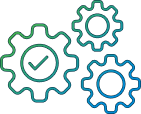 line art showing three cogwheels with one of them displaying a check mark