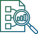 line art showing an analytics report document being viewed through a magnifying glass