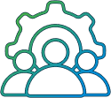 line art depicting a group of people with a cogwheel in the background