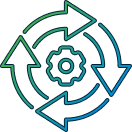 line art showing a cogwheel surrounded by four curved arrows forming a circle